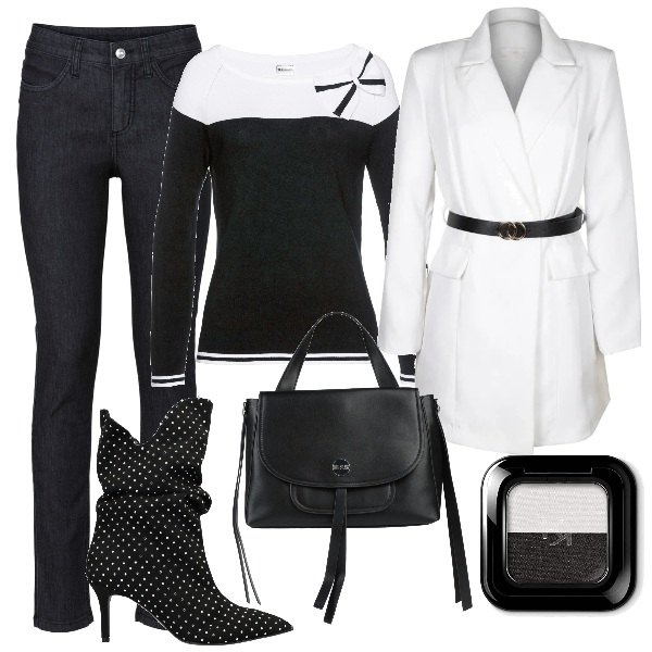 Outfit donna - Black or white?. Stile Casual chic per Tutti i giorni. Abbinamento con jeans skinny, maglieria, stivaletti, borse a mano, cappotti, ombretti.