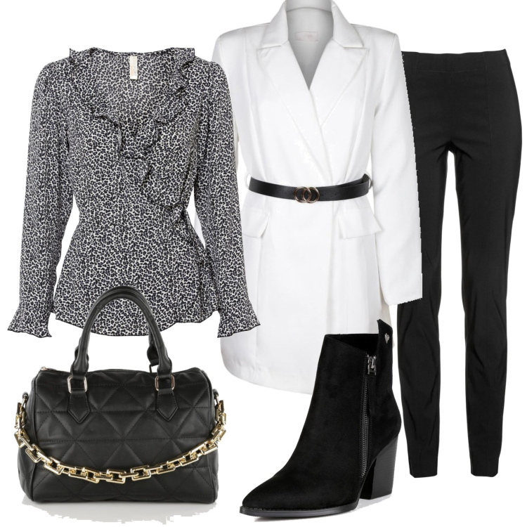 Outfit donna - Black & white. Stile Casual chic per Ufficio. Abbinamento con pantaloni, bluse, cappotti, borse a mano, stivaletti.