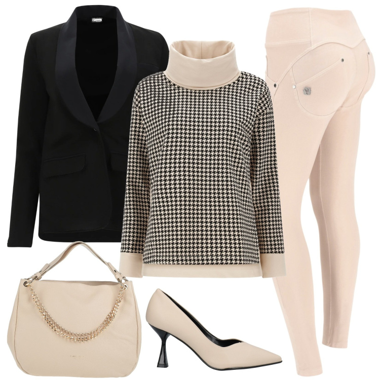 Outfit donna - Sportivamente chic per l\'ufficio. Stile Casual chic per Ufficio. Abbinamento con décolleté, borse a mano, pantaloni skinny, felpe, blazer.