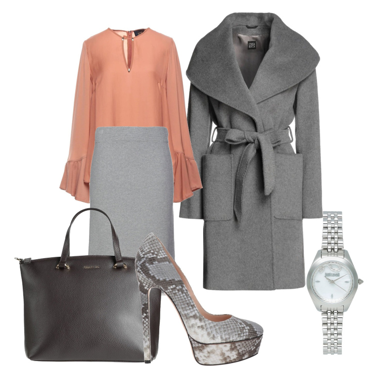 Outfit donna - Il cappotto grigio. Stile Chic per Ufficio. Abbinamento con cappotti, bluse, orologi, gonne longuette, décolleté, borse a mano.