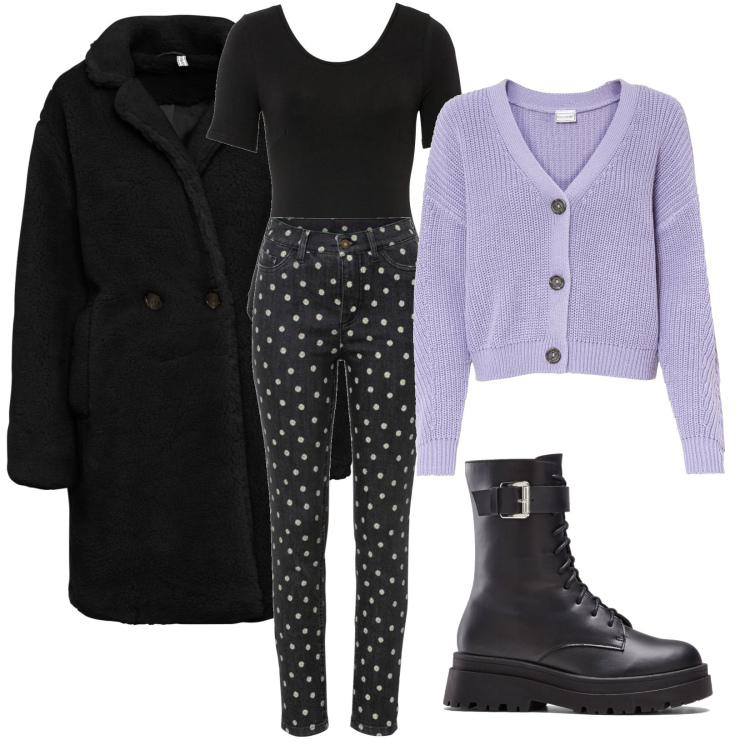 Outfit donna - Bonprix Black Friday. Stile Trendy per Scuola/Università. Abbinamento con body, cardigans, jeans skinny, stivali, cappotti.