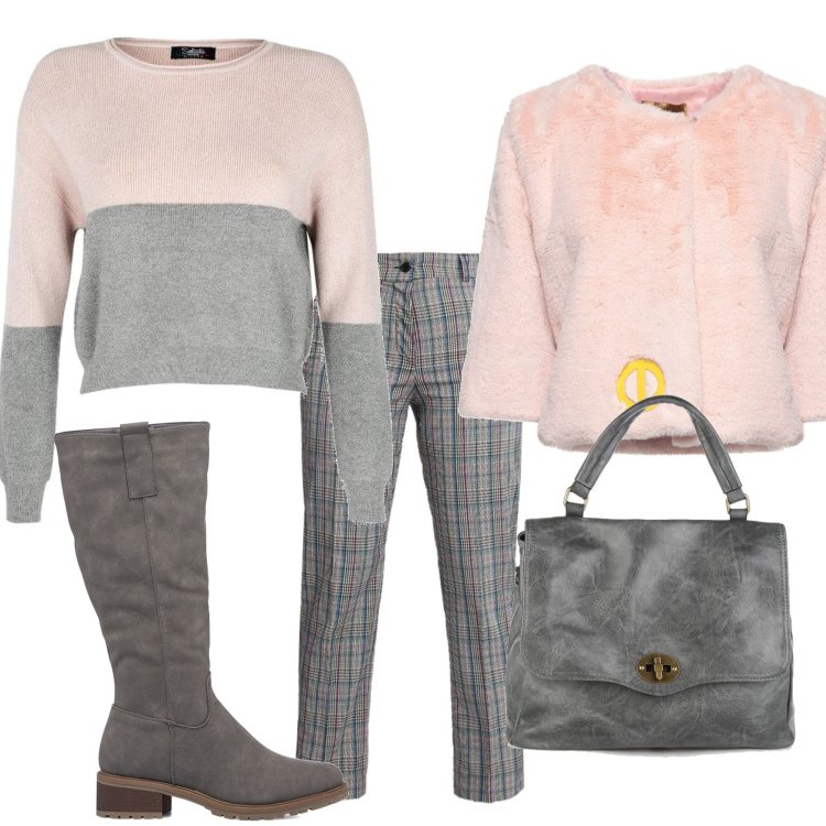 Outfit donna - Bicolor. Stile Urban per Tutti i giorni. Abbinamento con pantaloni, maglieria, borse a mano, stivali sopra il ginocchio, cappotti.