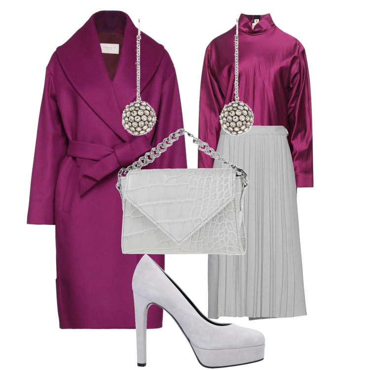 Outfit donna - Cerimonia in viola. Stile Chic per Cerimonia. Abbinamento con gonne longuette, cappotti, bluse, décolleté, orecchini, borse a mano.