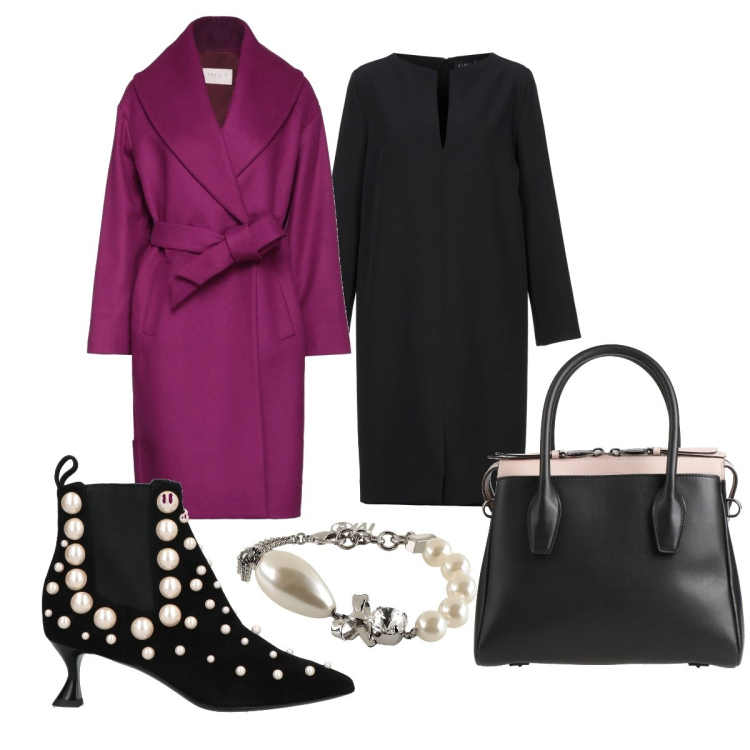 Outfit donna - Cappotto viola. Stile Bon Ton per Serata fuori. Abbinamento con cappotti, stivaletti, vestiti corti, borse a mano, braccialetti.