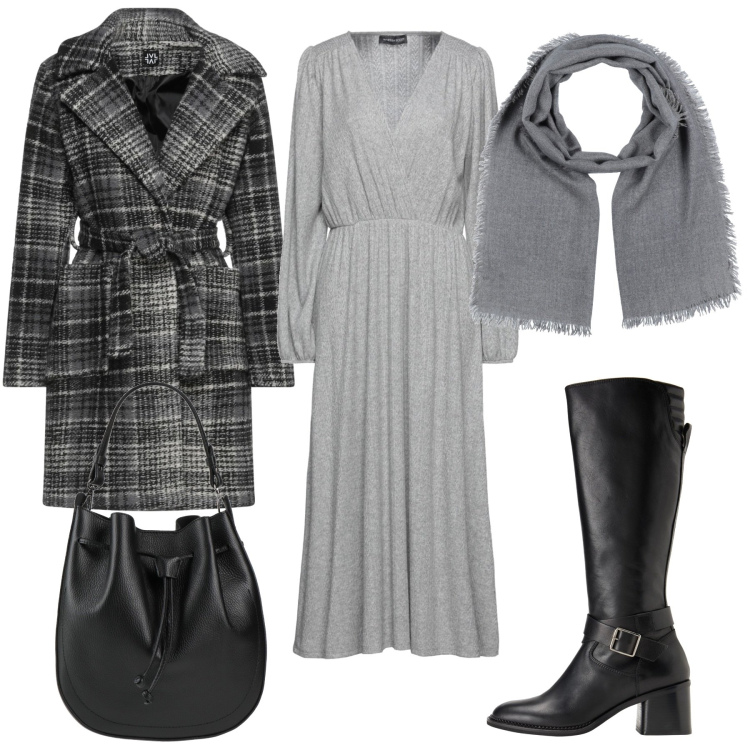 Outfit donna - Grigio mon amour. Stile Trendy per Ufficio. Abbinamento con cappotti, vestiti midi/longuette, stivali, borse a secchiello, sciarpe.