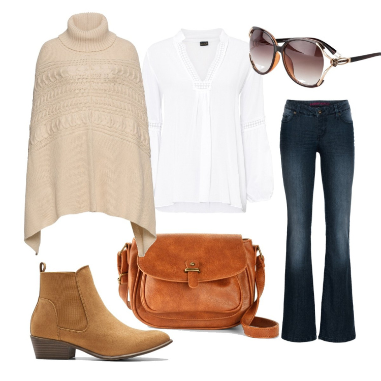 Outfit donna - Stile boho con poncho. Stile Boho per Tutti i giorni. Abbinamento con occhiali da sole, jeans bootcut, tuniche, cappotti, borse a tracolla, stivaletti chelsea.