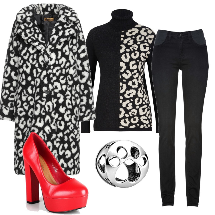 Outfit donna - Crudelia demon. Stile Glamour per Serata fuori. Abbinamento con jeans skinny, maglieria, cappotti, décolleté, braccialetti.