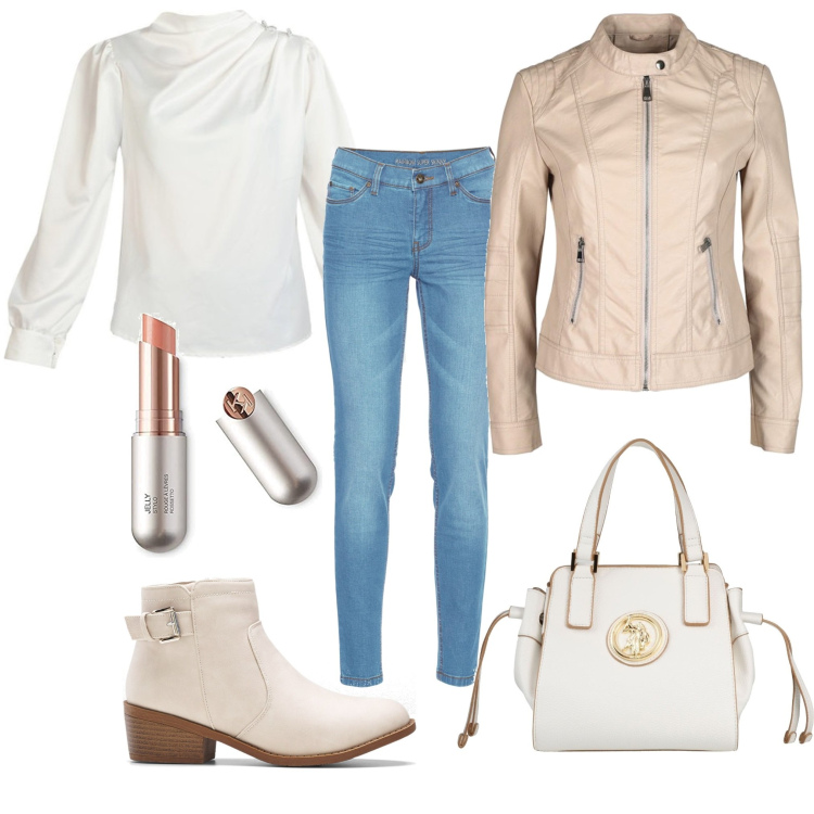 Outfit donna - Buona giornata. Stile Urban per Tutti i giorni. Abbinamento con jeans skinny, stivaletti, borse a mano, bluse, giacche, rossetti.