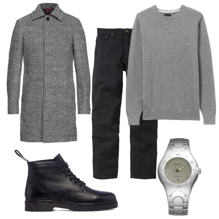 Outfit uomo - Stasera. Stile Urban per Serata speciale. Abbinamento con jeans dritti, cappotti, maglieria, anfibi, orologi.
