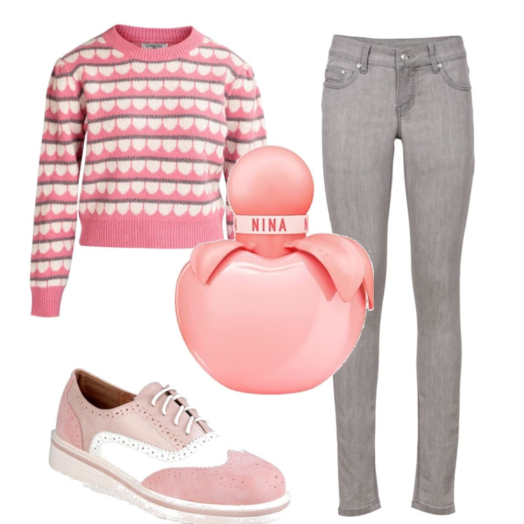 Outfit donna - Total look #1465024. Stile Glamour per Tutti i giorni. Abbinamento con jeans skinny, maglieria, francesine, profumi.
