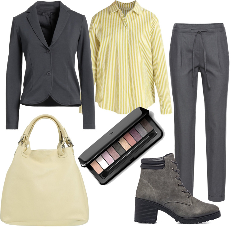 Outfit donna - Il mio lavoro è...... Stile Mannish per Ufficio. Abbinamento con blazer, borse a mano, pantaloni, camicie, anfibi, ombretti.