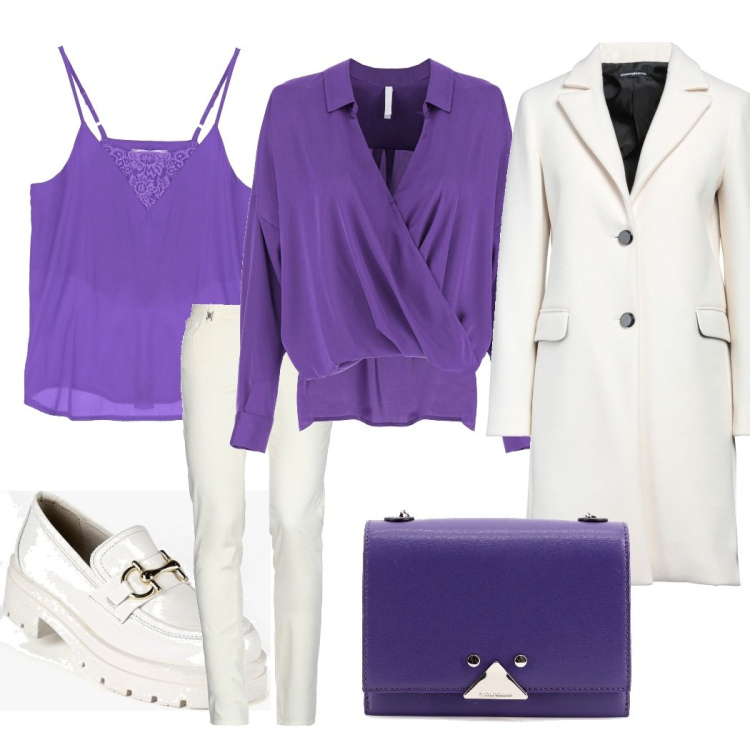 Outfit donna - Pizzo viola. Stile Casual chic per Serata fuori. Abbinamento con mocassini, borse a tracolla, bluse, top, cappotti, pantaloni.