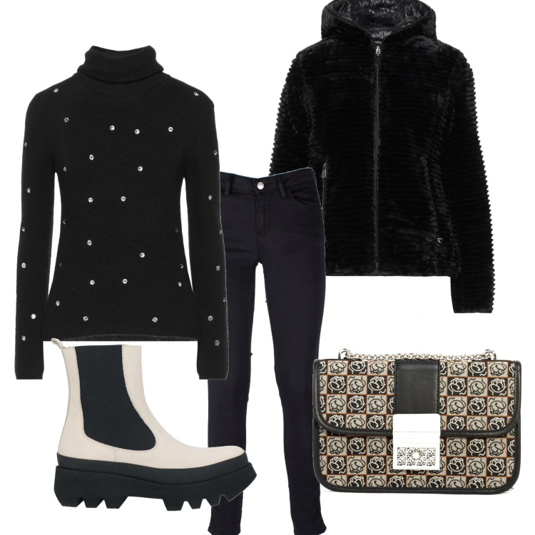 Outfit donna - Con le amiche. Stile Trendy per Tutti i giorni. Abbinamento con borse a tracolla, pantaloni skinny, maglieria, cappotti, stivaletti.