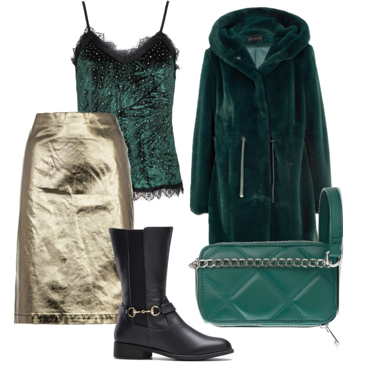 Outfit donna - Gonna oro di Armani Jeans. Stile Casual chic per Serata fuori. Abbinamento con stivali, ecopellicce, borse a tracolla, top, minigonne.