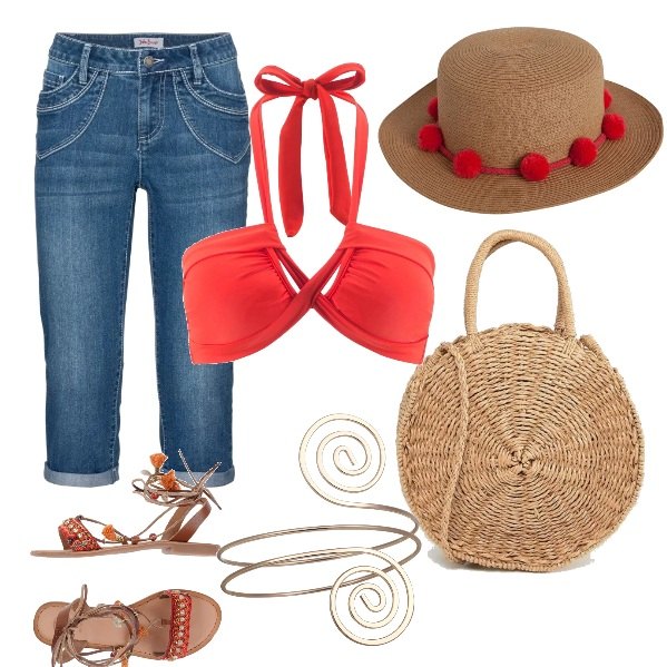 Outfit donna - Mar rosso. Stile Etnico per Mare. Abbinamento con jeans dritti, reggiseno con fasce, sandali con strass senza tacco con punta tonda e nappine, bracciale oro, borsa a tracolla con zip in paglia con tasca interna beige, cappello in paglia rosa.