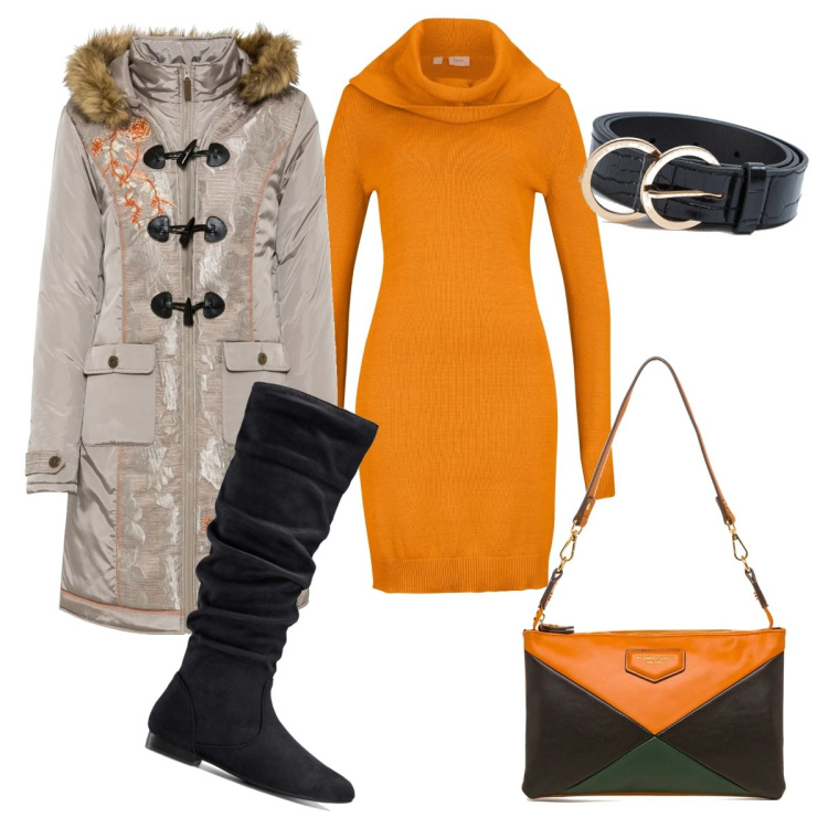 Outfit donna - Arancio invernale. Stile Basic per Tutti i giorni. Abbinamento con stivali, vestiti, cappotti, cinture, borse a tracolla.