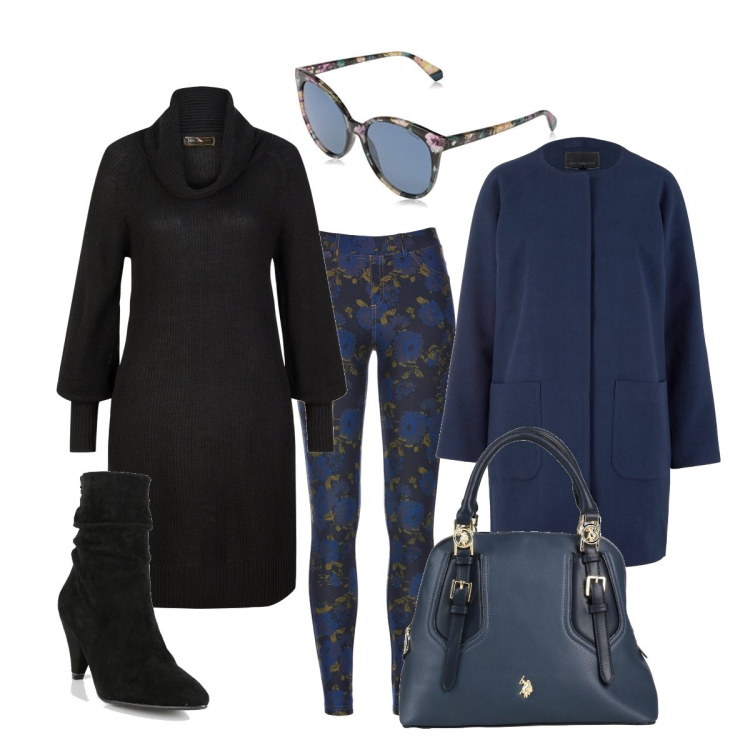 Outfit donna - Blu e nero molto chic. Stile Casual chic per Tutti i giorni. look ideale per Petite. Abbinamento con vestiti, cappotti, jeggings, borse a mano, stivaletti, occhiali da sole.