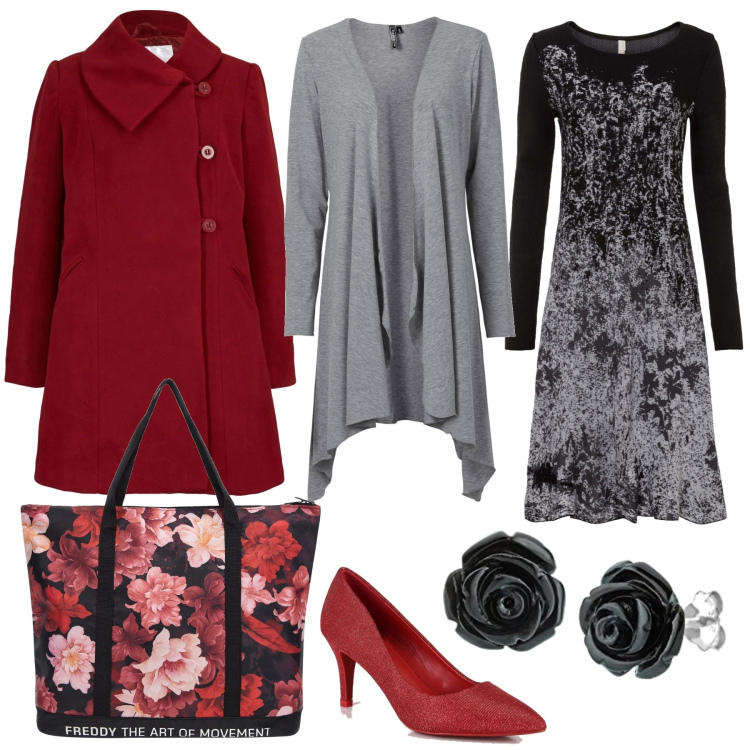 Outfit donna - Rose rosse e nere. Stile Romantica per Serata fuori. Abbinamento con cardigans, vestiti, cappotti, borse tote, décolleté, orecchini.
