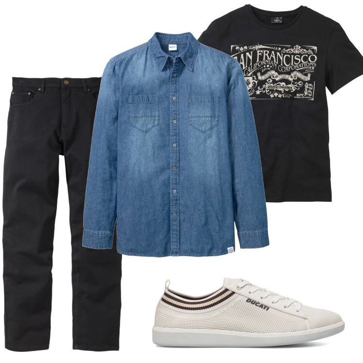 Outfit uomo - La camicia di jeans. Stile Casual per Tutti i giorni. Abbinamento con jeans dritti, camicie, t-shirt, sneakers.