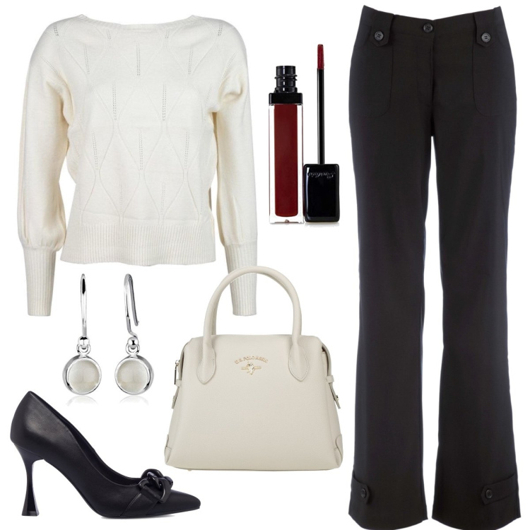 Outfit donna - Maglioncino panna. Stile Casual chic per Ufficio. Abbinamento con pantaloni, borse a mano, maglieria, décolleté, orecchini, rossetti.