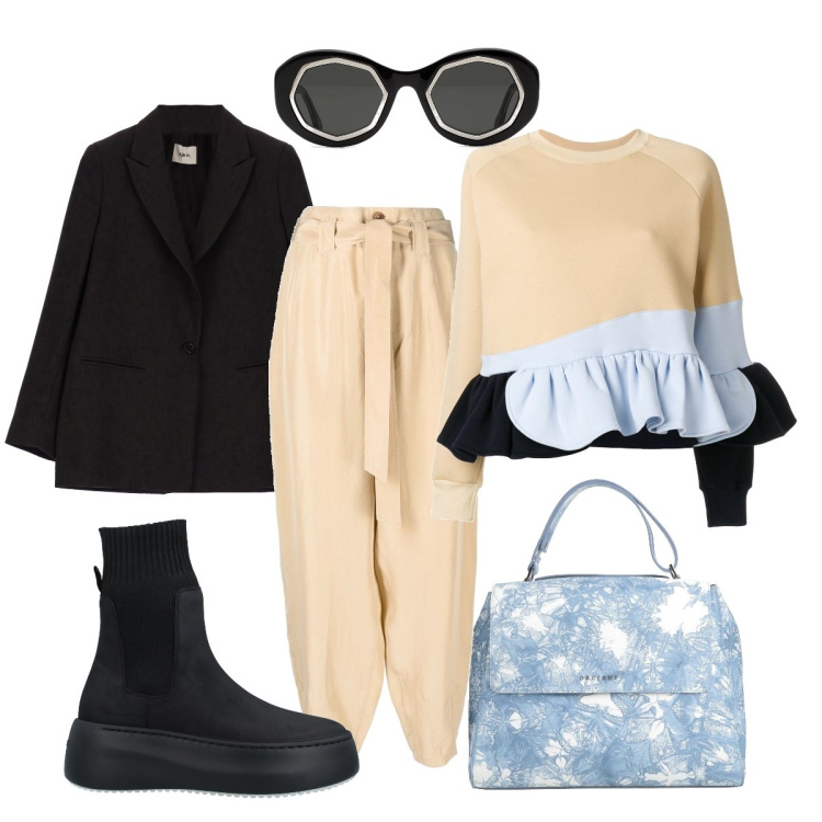 Outfit donna - Look casual con borsa cielo. Stile Casual chic per Tutti i giorni. Abbinamento con borse a mano, stivaletti, occhiali da sole, maglieria, pantaloni, cappotti.