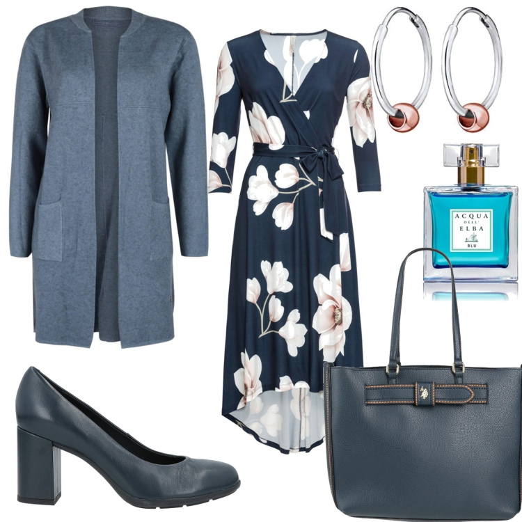 Outfit donna - Mi vesto in blu scuro fiori. Stile Glamour per Tutti i giorni. Abbinamento con vestiti lunghi, décolleté, borse a spalla, cardigans, profumi, orecchini.