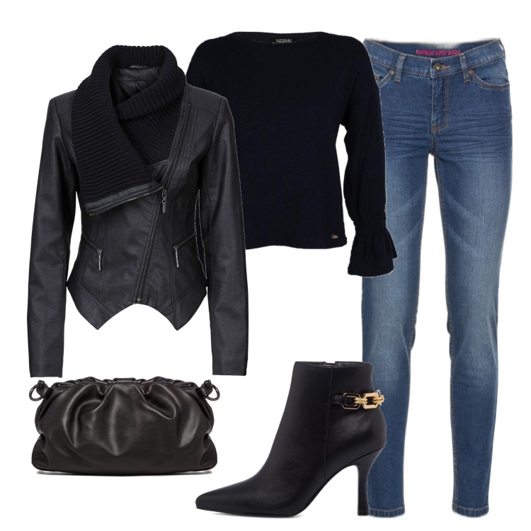 Outfit donna - Serata. Stile Casual chic per Serata fuori. Abbinamento con blazer, jeans skinny, pullovers, stivaletti, borse a tracolla.
