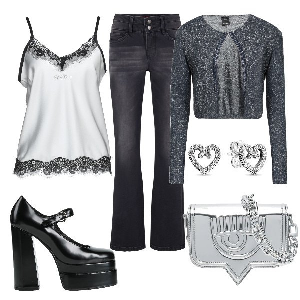 Outfit donna - Sexy #2758. Stile Sexy per Serata fuori. Abbinamento con jeans bootcut, décolleté, top, top, borse a tracolla, orecchini.