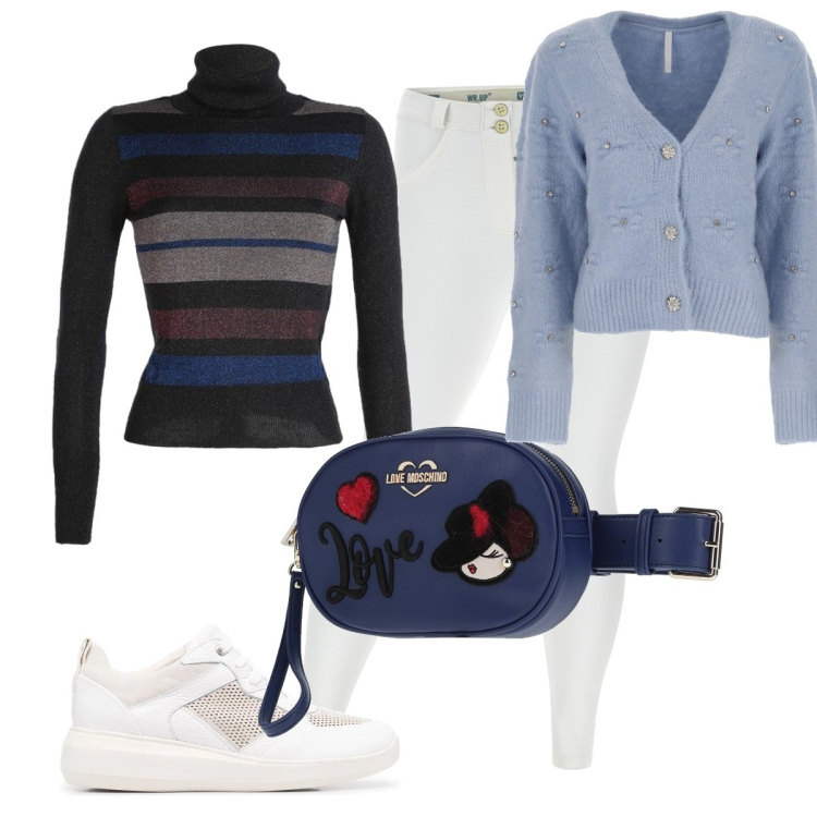 Outfit donna - Total look #1466026. Stile Casual chic per Tutti i giorni. Abbinamento con marsupi, pullovers, pantaloni skinny, cardigans, sneakers.