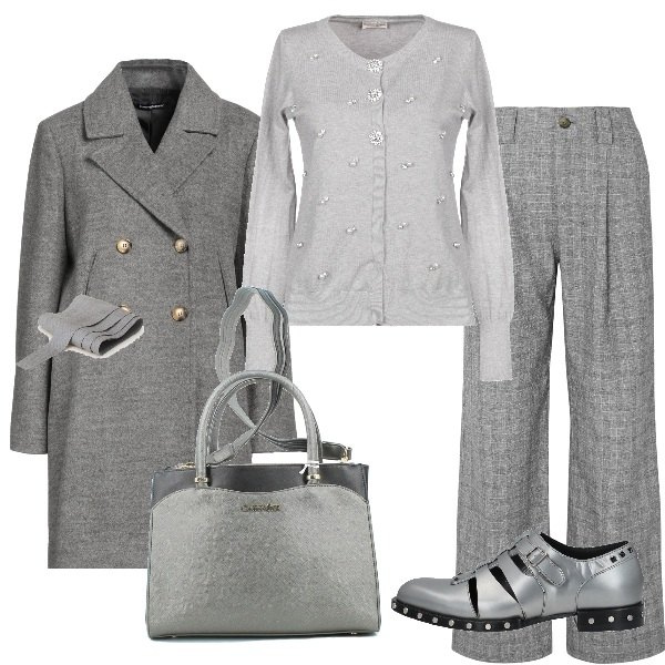 Outfit donna - L\'eleganza del grigio. Stile Casual chic per Ufficio. Abbinamento con pantaloni, cardigans, mocassini, cappotti, cinture, borse a tracolla.