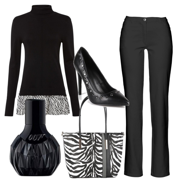 Outfit donna - Zebra. Stile Glamour per Tutti i giorni. Abbinamento con pantaloni, maglieria, borse a spalla, décolleté, profumi.