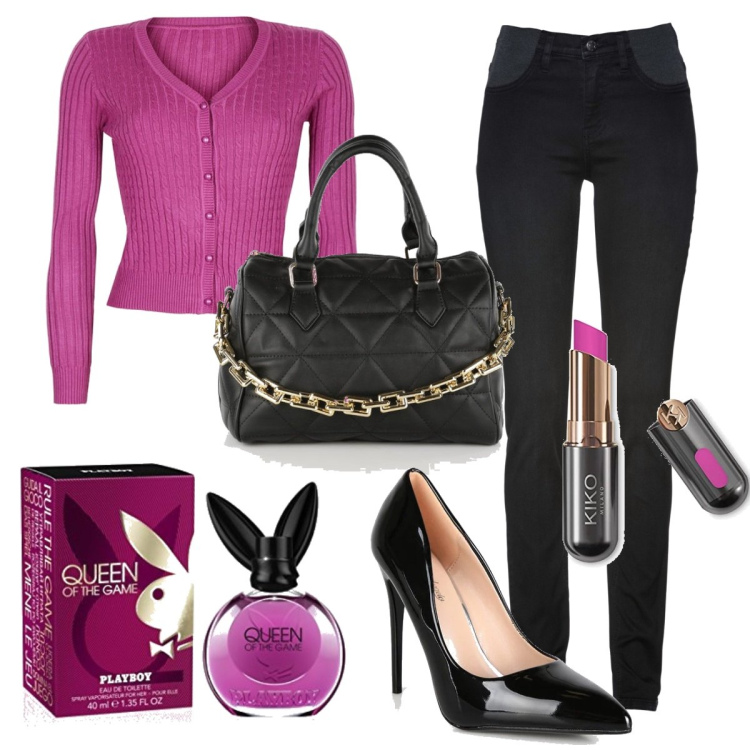 Outfit donna - Total look #1466314. Stile Glamour per Serata fuori. Abbinamento con jeans skinny, cardigans, décolleté, borse a mano, rossetti, profumi.