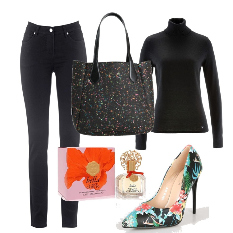 Outfit donna - Tropical. Stile Glamour per Tutti i giorni. Abbinamento con jeans slim fit, maglieria, borse a mano, décolleté, profumi.