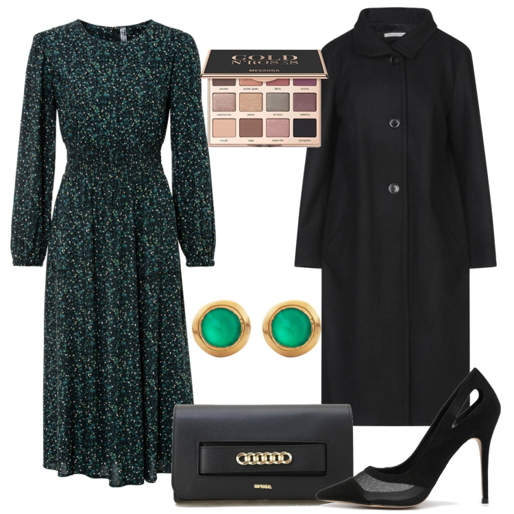 Outfit donna - Chic in verde e nero. Stile Chic per Serata fuori. Abbinamento con vestiti midi/longuette, cappotti, pochette, décolleté, orecchini, ombretti.