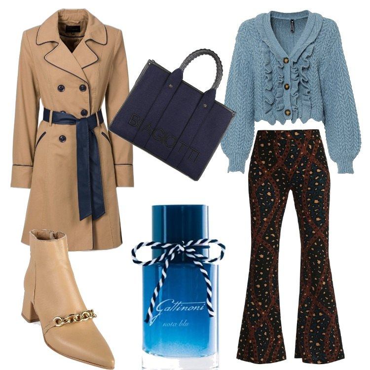 Outfit donna - Uno stile molto personale in ufficio. Stile Casual chic per Ufficio. Abbinamento con trench, cardigans, pantaloni, stivaletti, borse a mano, profumi.