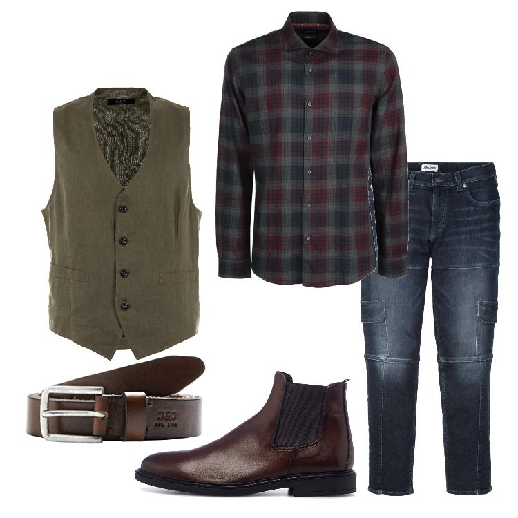 Outfit uomo - Il gilet abbinalo così. Stile Trendy per Serata speciale. Abbinamento con jeans slim fit, camicie, piumini, stivali e stivaletti, cinture.
