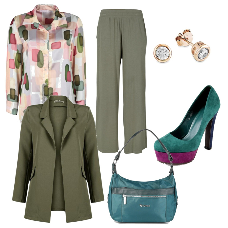 Outfit donna - Signora professoressa #curvyplus. Stile Trendy per Ufficio. Abbinamento con pantaloni, blazer, camicie, décolleté, borse a spalla, orecchini.