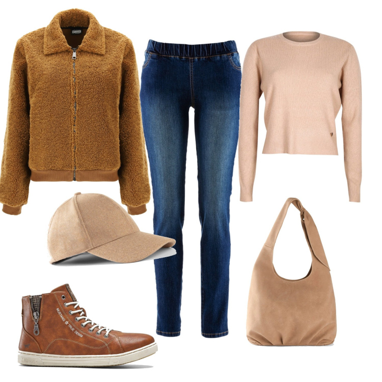 Outfit donna - Passeggiata al parco. Stile Casual per Tutti i giorni. Abbinamento con treggings, borse a tracolla, sneakers alte, cappelli con visiera, pullovers, giacche.