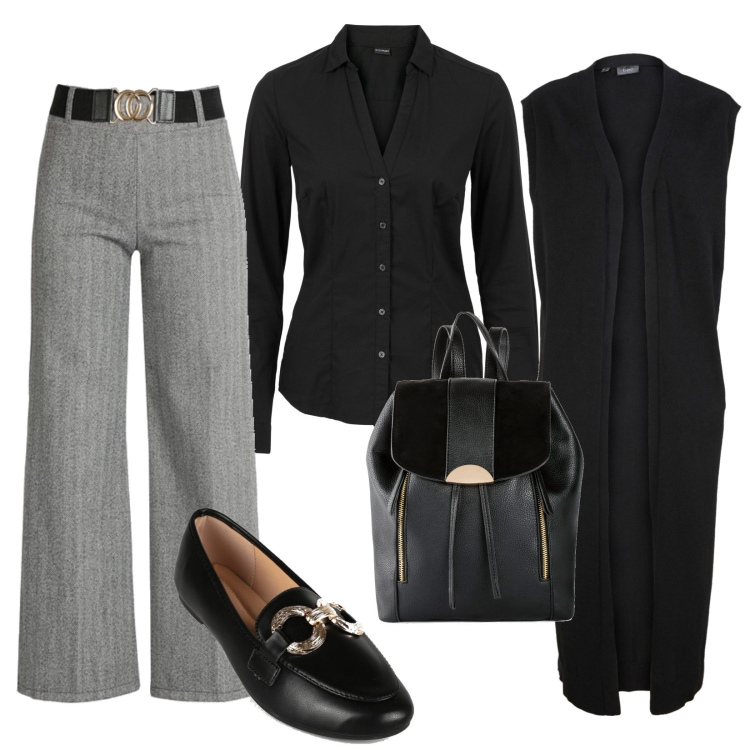 Outfit donna - Black Friday. Stile Casual per Ufficio. Abbinamento con camicie, gilet, zaini, pantaloni, mocassini.