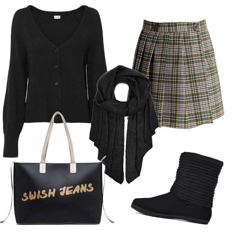Outfit donna - Minigonna scozzese. Stile Trendy per Tutti i giorni. Abbinamento con stivali, cardigans, minigonne, borse a spalla, sciarpe.
