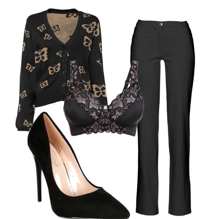 Outfit donna - Casual chic #25243. Stile Casual chic per Tutti i giorni. Abbinamento con pantaloni, reggiseni, cardigans, décolleté.