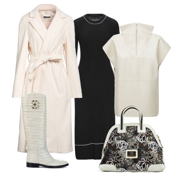 Outfit donna - Total look Black&White. Stile Casual chic per Tutti i giorni. Abbinamento con cappotti, vestiti midi/longuette, stivali, borse a mano, giacche.