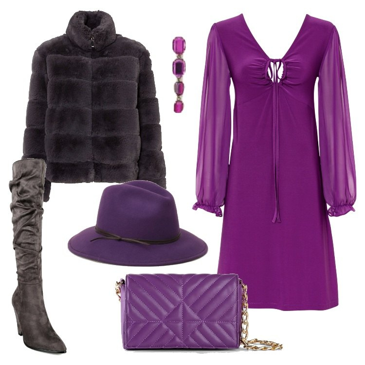 Outfit donna - Il Black Friday sta arrivando!. Stile Boho per Serata fuori. Abbinamento con ecopellicce, vestiti, borse a mano, stivali, cappelli, orecchini.