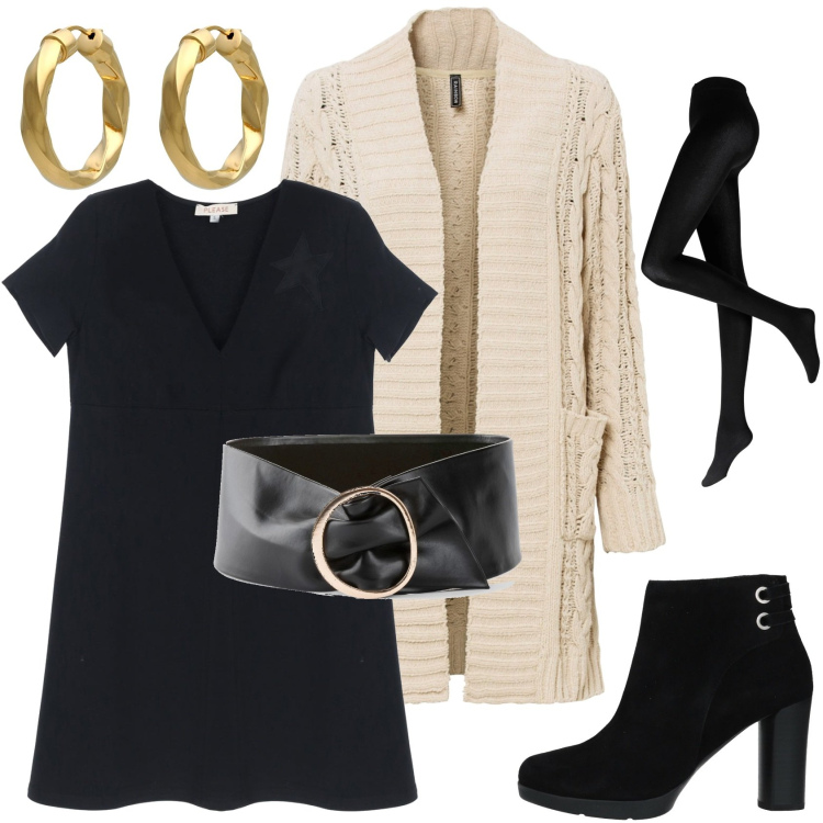 Outfit donna - Il vestito nero anche di giorno. Stile Trendy per Ufficio. Abbinamento con collant, cardigans, cinture, stivaletti, orecchini, vestiti.
