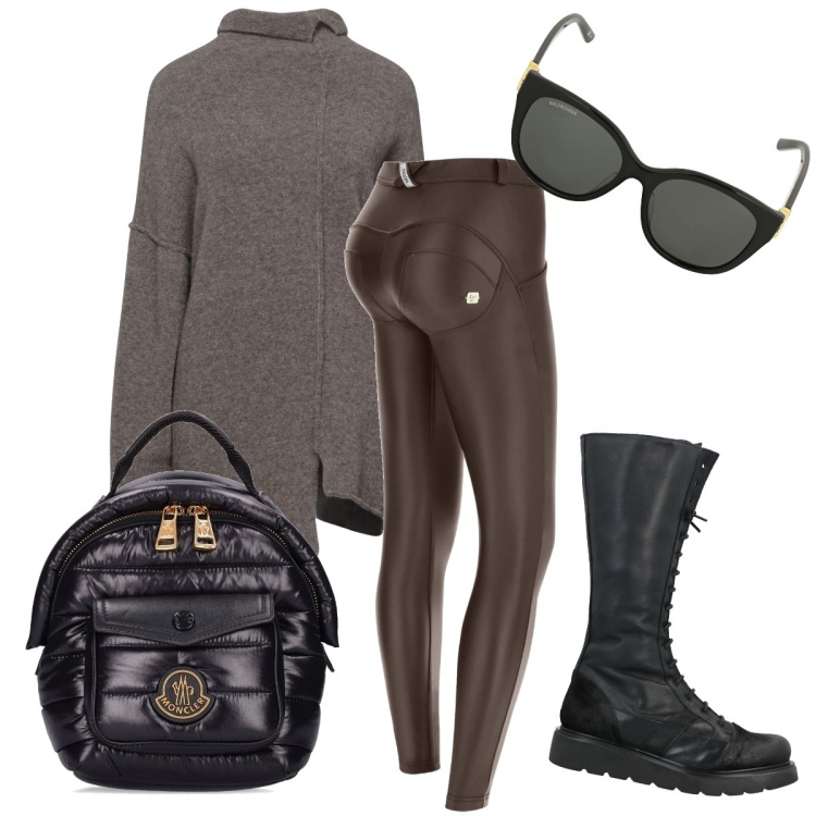 Outfit donna - Una giornata in montagna. Stile Casual chic per Tutti i giorni. Abbinamento con maglieria, stivali, pantaloni skinny, zaini, occhiali da sole.