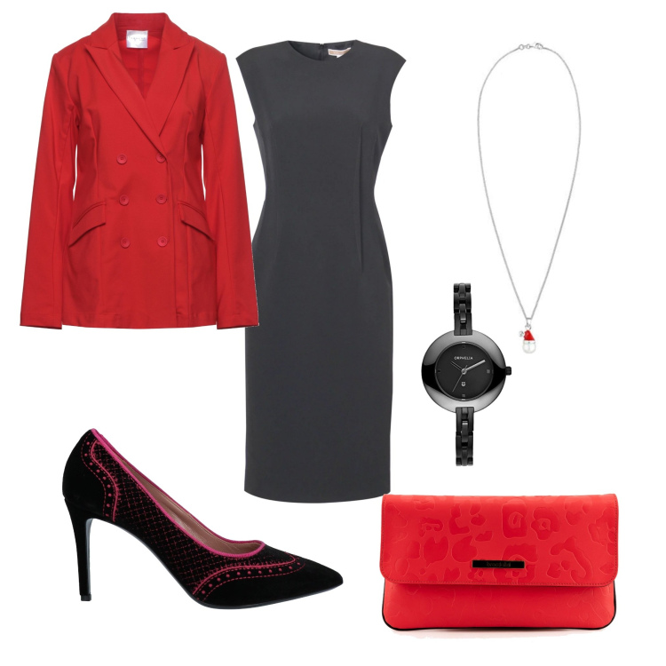 Outfit donna - Little devil. Stile Sexy per Serata fuori. Abbinamento con blazer, décolleté, pochette, vestiti a tubino, orologi analogici, collane.