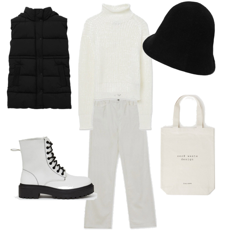 Outfit donna - Velvet underground. Stile Urban per Tutti i giorni. Abbinamento con shopping bag, anfibi, cappotti, maglieria, pantaloni, cappelli con visiera.