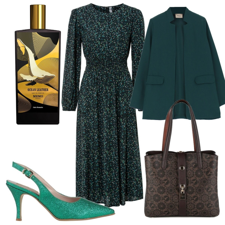 Outfit donna - Glamour in verde. Stile Glamour per Serata fuori. Abbinamento con vestiti midi/longuette, décolleté, borse a spalla, giacche, profumi.