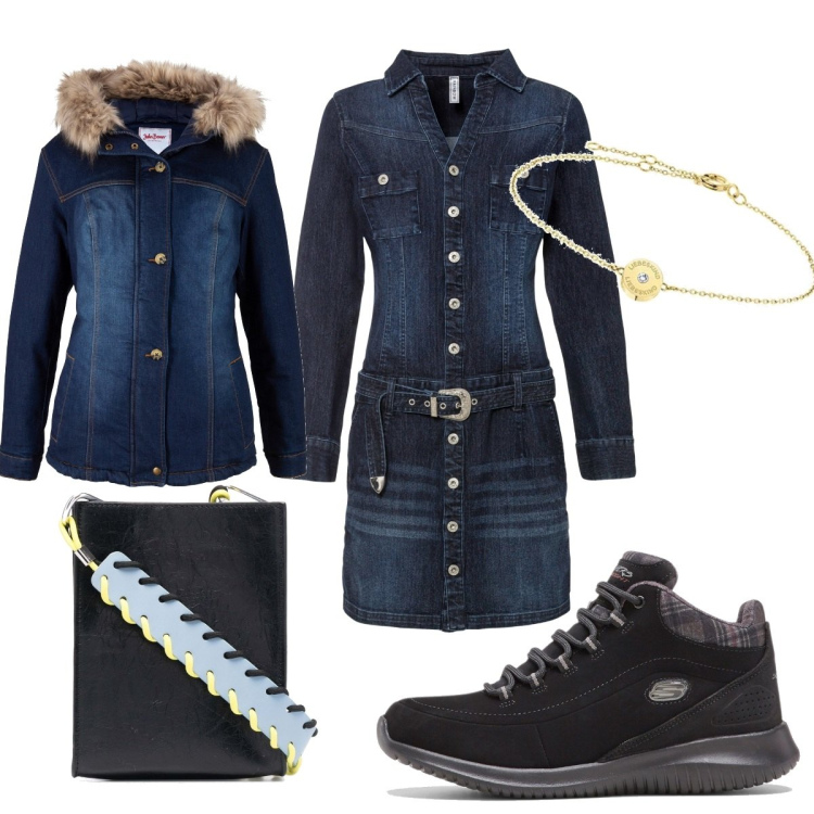Outfit donna - Sporty- chic in jeans. Stile Sporty chic per Tutti i giorni. Abbinamento con vestiti, sneakers alte, cappotti, borse a tracolla, braccialetti.