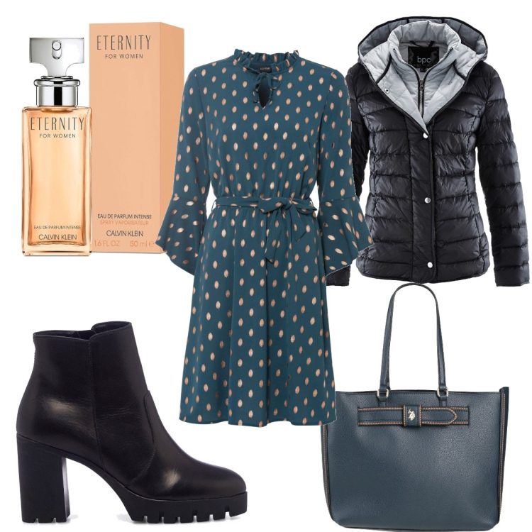 Outfit donna - Trendy in verde. Stile Trendy per Tutti i giorni. Abbinamento con piumini, vestiti, borse a spalla, profumi, stivaletti.